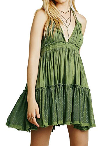 R.Vivimos Damen Sommer Boho Sexy V-Ausschnitt Ärmellos Neckholder Kleid Strandurlaub Kleid(Mittel, Grün) von R.Vivimos