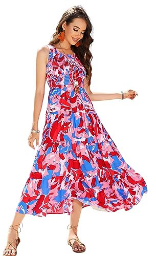 R.Vivimos Damen Sommer Boho Smok Ärmelloses Langes Kleid Lässig A Linie Rüschen Strand Midi Kleid(L,Multi-Rosa) von R.Vivimos