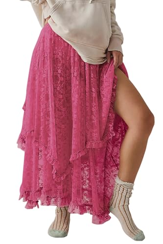 R.Vivimos Damen Sommer Boho Spitze Strand Cover Up Maxi Rock Transparent Swing Rüsche Unregelmäßiger Saum Lange Röcke(L,HeißesRosa) von R.Vivimos