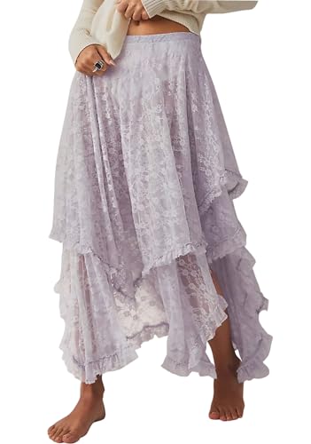 R.Vivimos Damen Sommer Boho Spitze Strand Cover Up Maxi Rock Transparent Swing Rüsche Unregelmäßiger Saum Lange Röcke(L,Lila) von R.Vivimos