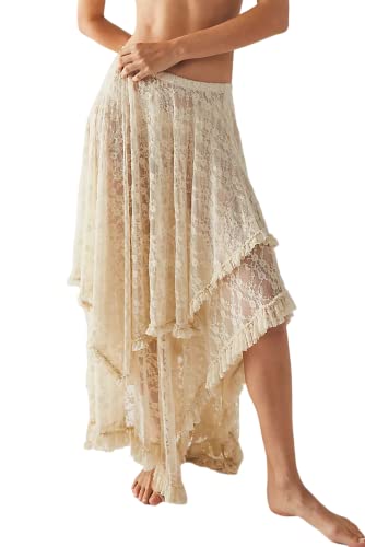 R.Vivimos Damen Sommer Boho Spitze Strand Cover Up Maxi Rock Transparent Swing Rüsche Unregelmäßiger Saum Lange Röcke(Large,Beige) von R.Vivimos