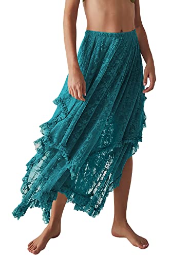 R.Vivimos Damen Sommer Boho Spitze Strand Cover Up Maxi Rock Transparent Swing Rüsche Unregelmäßiger Saum Lange Röcke(Large,Grün) von R.Vivimos