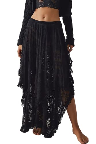 R.Vivimos Damen Sommer Boho Spitze Strand Cover Up Maxi Rock Transparent Swing Rüsche Unregelmäßiger Saum Lange Röcke(Large,Schwarz) von R.Vivimos