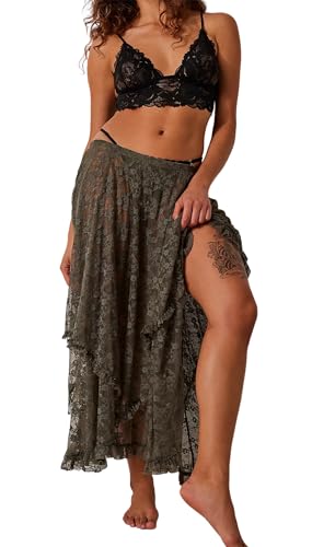 R.Vivimos Damen Sommer Boho Spitze Strand Cover Up Maxi Rock Transparent Swing Rüsche Unregelmäßiger Saum Lange Röcke(M,ArmeeGrün) von R.Vivimos