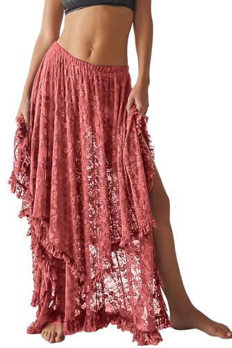 R.Vivimos Damen Sommer Boho Spitze Strand Cover Up Maxi Rock Transparent Swing Rüsche Unregelmäßiger Saum Lange Röcke(M,Korallenrosa) von R.Vivimos