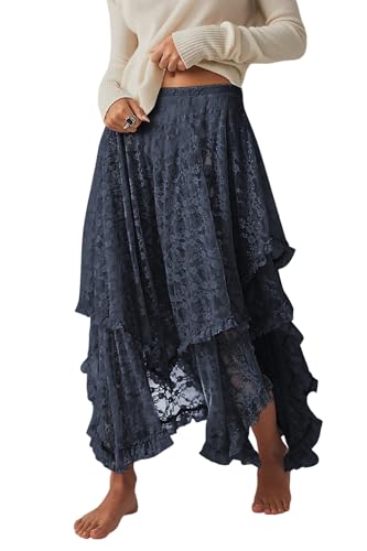 R.Vivimos Damen Sommer Boho Spitze Strand Cover Up Maxi Rock Transparent Swing Rüsche Unregelmäßiger Saum Lange Röcke(M,Navyblau) von R.Vivimos