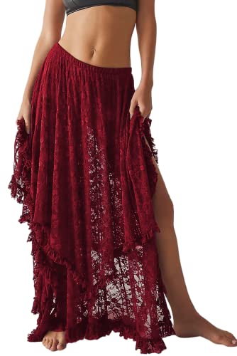 R.Vivimos Damen Sommer Boho Spitze Strand Cover Up Maxi Rock Transparent Swing Rüsche Unregelmäßiger Saum Lange Röcke(Medium,Burgund) von R.Vivimos