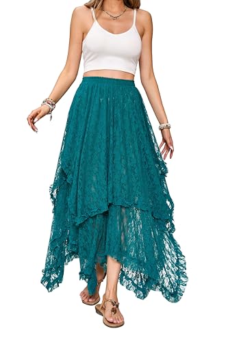 R.Vivimos Damen Sommer Boho Spitze Strand Cover Up Maxi Rock Transparent Swing Rüsche Unregelmäßiger Saum Lange Röcke(Medium,Grün) von R.Vivimos
