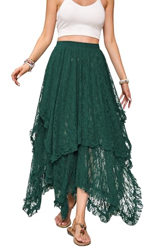 R.Vivimos Damen Sommer Boho Spitze Strand Cover Up Maxi Rock Transparent Swing Rüsche Unregelmäßiger Saum Lange Röcke(S,Dunkelgrün) von R.Vivimos