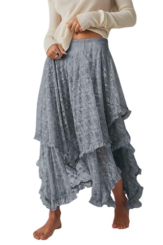 R.Vivimos Damen Sommer Boho Spitze Strand Cover Up Maxi Rock Transparent Swing Rüsche Unregelmäßiger Saum Lange Röcke(S,Grau) von R.Vivimos