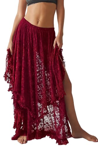R.Vivimos Damen Sommer Boho Spitze Strand Cover Up Maxi Rock Transparent Swing Rüsche Unregelmäßiger Saum Lange Röcke(XLarge,Burgund) von R.Vivimos