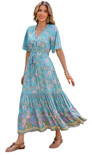 R.Vivimos Damen Sommer Boho V-Ausschnitt Button Up Kurzarm böhmischen Print Rüsche Rand Strand Stil Lange Maxi Kleid Berufungskleid(L,AquaBlau) von R.Vivimos