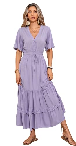 R.Vivimos Damen Sommer Boho V-Ausschnitt Button Up Kurzarm böhmischen Print Rüsche Rand Strand Stil Lange Maxi Kleid Berufungskleid(L,FliederLila) von R.Vivimos