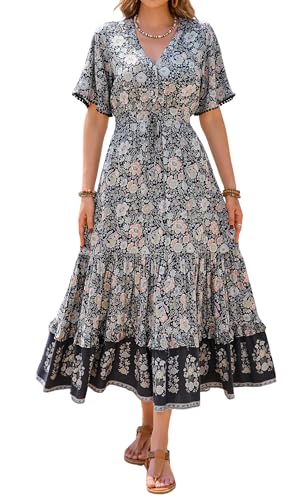 R.Vivimos Damen Sommer Boho V-Ausschnitt Button Up Kurzarm böhmischen Print Rüsche Rand Strand Stil Lange Maxi Kleid Berufungskleid(L,RauchSchwarz) von R.Vivimos