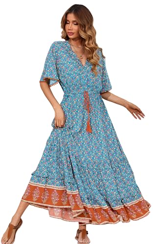 R.Vivimos Damen Sommer Boho V-Ausschnitt Button Up Kurzarm böhmischen Print Rüsche Rand Strand Stil Lange Maxi Kleid Berufungskleid(L,Teal-Floral) von R.Vivimos