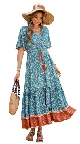 R.Vivimos Damen Sommer Boho V-Ausschnitt Button Up Kurzarm böhmischen Print Rüsche Rand Strand Stil Lange Maxi Kleid Berufungskleid(L,Teal-Floral) von R.Vivimos