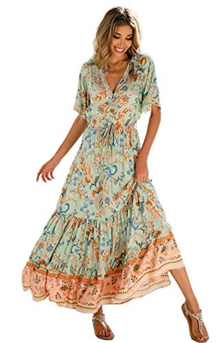 R.Vivimos Damen Sommer Boho V-Ausschnitt Button Up Kurzarm böhmischen Print Rüsche Rand Strand Stil Lange Maxi Kleid Berufungskleid(Large,Aqua-Blumen) von R.Vivimos