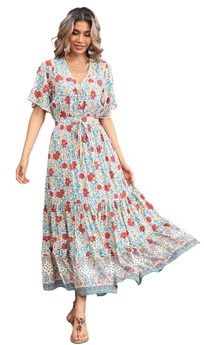 R.Vivimos Damen Sommer Boho V-Ausschnitt Button Up Kurzarm böhmischen Print Rüsche Rand Strand Stil Lange Maxi Kleid Berufungskleid(M,BeigeBlau) von R.Vivimos
