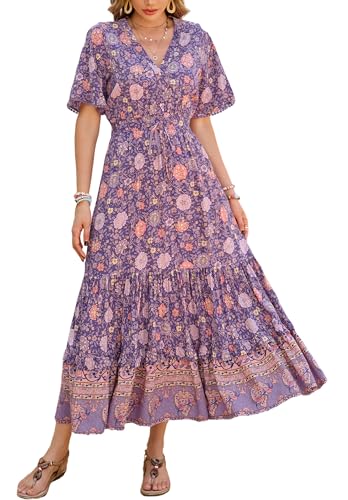R.Vivimos Damen Sommer Boho V-Ausschnitt Button Up Kurzarm böhmischen Print Rüsche Rand Strand Stil Lange Maxi Kleid Berufungskleid(M,Dunkellila) von R.Vivimos