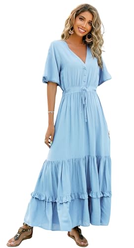 R.Vivimos Damen Sommer Boho V-Ausschnitt Button Up Kurzarm böhmischen Print Rüsche Rand Strand Stil Lange Maxi Kleid Berufungskleid(M,Himmelblau) von R.Vivimos