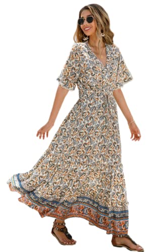 R.Vivimos Damen Sommer Boho V-Ausschnitt Button Up Kurzarm böhmischen Print Rüsche Rand Strand Stil Lange Maxi Kleid Berufungskleid(Medium,Beige-blumig) von R.Vivimos