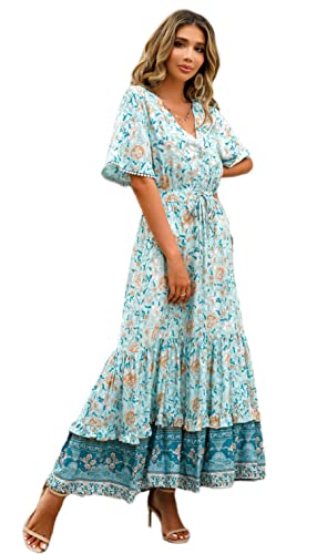 R.Vivimos Damen Sommer Boho V-Ausschnitt Button Up Kurzarm böhmischen Print Rüsche Rand Strand Stil Lange Maxi Kleid Berufungskleid(Medium,BlauTürkis-Blumig) von R.Vivimos