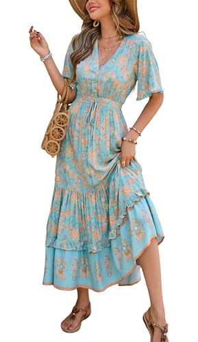 R.Vivimos Damen Sommer Boho V-Ausschnitt Button Up Kurzarm böhmischen Print Rüsche Rand Strand Stil Lange Maxi Kleid Berufungskleid(S,Himmelblau-Blumen) von R.Vivimos