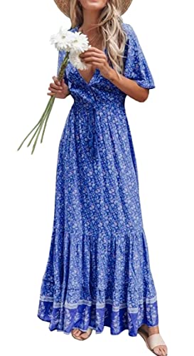 R.Vivimos Damen Sommer Boho V-Ausschnitt Button Up Kurzarm böhmischen Print Rüsche Rand Strand Stil Lange Maxi Kleid Berufungskleid (Blau, XL) von R.Vivimos