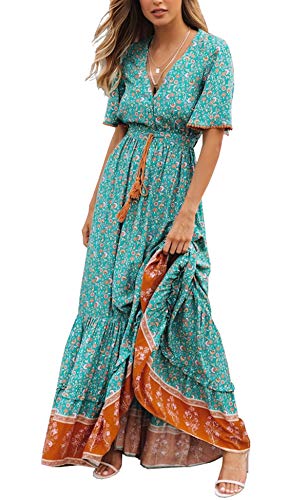 R.Vivimos Damen Sommer Boho V-Ausschnitt Button Up Kurzarm böhmischen Print Rüsche Rand Strand Stil Lange Maxi Kleid Berufungskleid (Grün, XL) von R.Vivimos