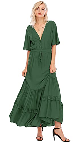 R.Vivimos Damen Sommer Boho V-Ausschnitt Button Up Kurzarm böhmischen Print Rüsche Rand Strand Stil Lange Maxi Kleid Berufungskleid (Armeegrün, L) von R.Vivimos