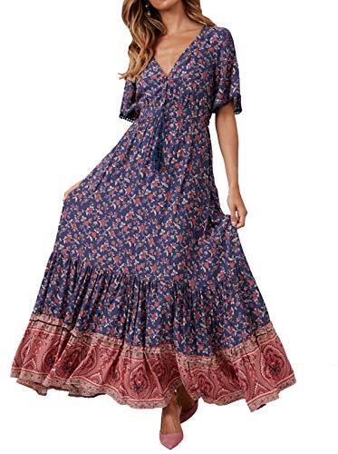 R.Vivimos Damen Sommer Boho V-Ausschnitt Button Up Kurzarm böhmischen Print Rüsche Rand Strand Stil Lange Maxi Kleid Berufungskleid (Dunkelblau, M) von R.Vivimos