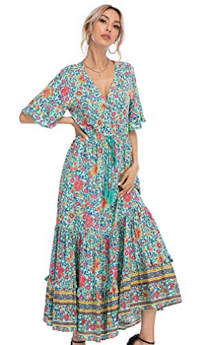 R.Vivimos Damen Sommer Boho V-Ausschnitt Button Up Kurzarm böhmischen Print Rüsche Rand Strand Stil Lange Maxi Kleid Berufungskleid (Grün#2, L) von R.Vivimos