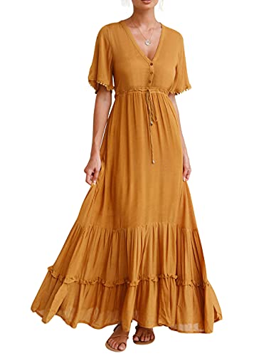 R.Vivimos Damen Sommer Boho V-Ausschnitt Button Up Kurzarm böhmischen Print Rüsche Rand Strand Stil Lange Maxi Kleid Berufungskleid (Ingwer, Medium) von R.Vivimos