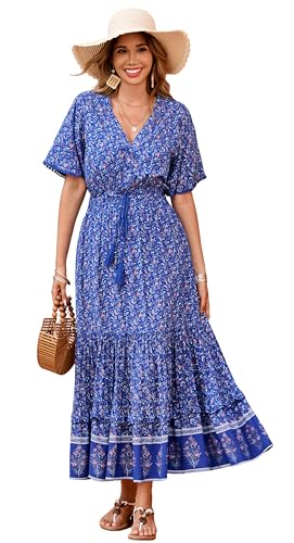 R.Vivimos Damen Sommer Boho V-Ausschnitt Button Up Kurzarm böhmischen Print Rüsche Rand Strand Stil Lange Maxi Kleid Berufungskleid (Blau, S) von R.Vivimos