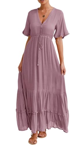 R.Vivimos Damen Sommer Boho V-Ausschnitt Button Up Kurzarm böhmischen Print Rüsche Rand Strand Stil Lange Maxi Kleid Berufungskleid (Mauve, L) von R.Vivimos