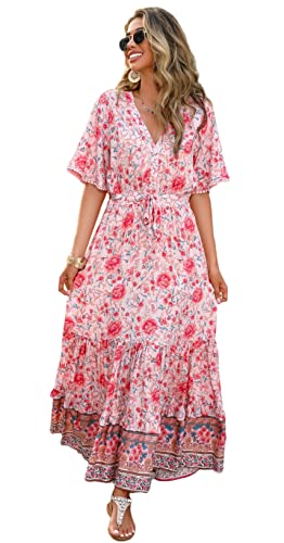 R.Vivimos Damen Sommer Boho V-Ausschnitt Button Up Kurzarm böhmischen Print Rüsche Rand Strand Stil Lange Maxi Kleid Berufungskleid (Medium,Rosa-Blumig) von R.Vivimos