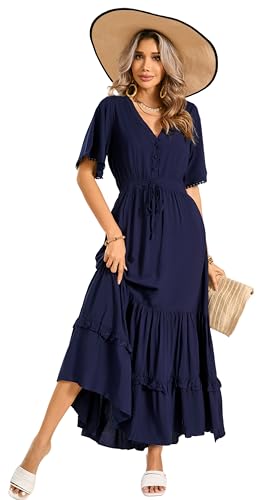 R.Vivimos Damen Sommer Boho V-Ausschnitt Button Up Kurzarm böhmischen Print Rüsche Rand Strand Stil Lange Maxi Kleid Berufungskleid (Navy blau, L) von R.Vivimos