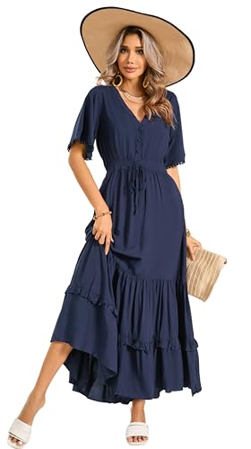 R.Vivimos Damen Sommer Boho V-Ausschnitt Button Up Kurzarm böhmischen Print Rüsche Rand Strand Stil Lange Maxi Kleid Berufungskleid (Navy blau, L) von R.Vivimos