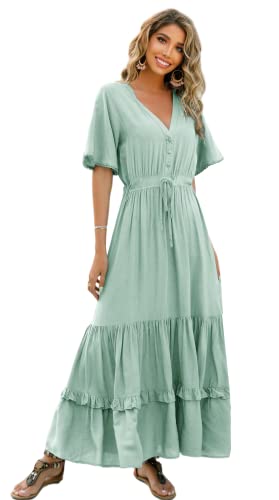 R.Vivimos Damen Sommer Boho V-Ausschnitt Button Up Kurzarm böhmischen Print Rüsche Rand Strand Stil Lange Maxi Kleid Berufungskleid (Salbeigrün, Medium) von R.Vivimos