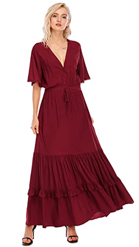 R.Vivimos Damen Sommer Boho V-Ausschnitt Button Up Kurzarm böhmischen Print Rüsche Rand Strand Stil Lange Maxi Kleid Berufungskleid (WeinRot, L) von R.Vivimos