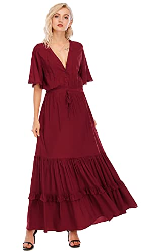 R.Vivimos Damen Sommer Boho V-Ausschnitt Button Up Kurzarm böhmischen Print Rüsche Rand Strand Stil Lange Maxi Kleid Berufungskleid (WeinRot, M) von R.Vivimos