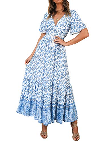 R.Vivimos Damen Sommer Boho V-Ausschnitt Button Up Kurzarm böhmischen Print Rüsche Rand Strand Stil Lange Maxi Kleid Berufungskleid (Weiß, L) von R.Vivimos