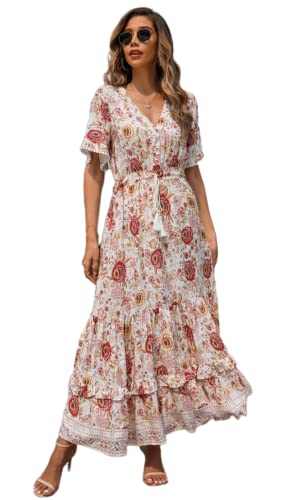 R.Vivimos Damen Sommer Boho V-Ausschnitt Button Up Kurzarm böhmischen Print Rüsche Rand Strand Stil Lange Maxi Kleid Berufungskleid (Weiß Rosa, M) von R.Vivimos