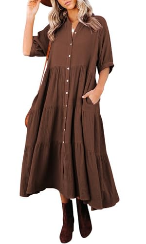 R.Vivimos Damen Sommer Casual Boho Mid-Sleeve Button Slit A-Linie Plissee Midi-Hemdkleid(L,Braun) von R.Vivimos