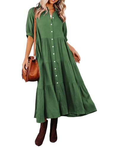 R.Vivimos Damen Sommer Casual Boho Mid-Sleeve Button Slit A-Linie Plissee Midi-Hemdkleid(L,Dunkelgrün) von R.Vivimos