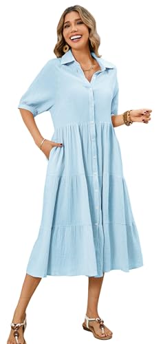 R.Vivimos Damen Sommer Casual Boho Mid-Sleeve Button Slit A-Linie Plissee Midi-Hemdkleid(L,Himmelblau) von R.Vivimos