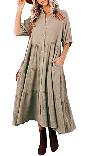 R.Vivimos Damen Sommer Casual Boho Mid-Sleeve Button Slit A-Linie Plissee Midi-Hemdkleid(L,Khaki) von R.Vivimos