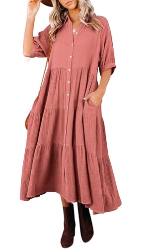 R.Vivimos Damen Sommer Casual Boho Mid-Sleeve Button Slit A-Linie Plissee Midi-Hemdkleid(L,Staubrosa) von R.Vivimos