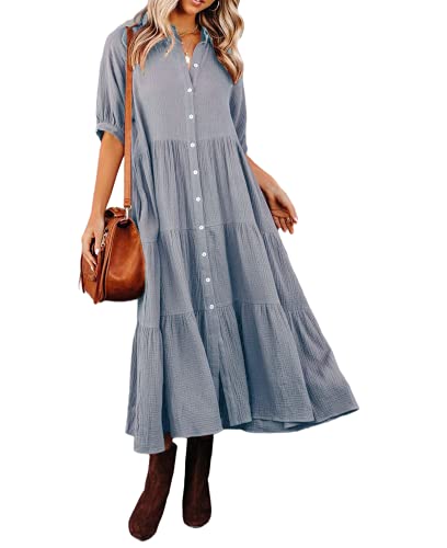 R.Vivimos Damen Sommer Casual Boho Mid-Sleeve Button Slit A-Linie Plissee Midi-Hemdkleid(L,Grau) von R.Vivimos