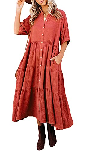 R.Vivimos Damen Sommer Casual Boho Mid-Sleeve Button Slit A-Linie Plissee Midi-Hemdkleid(L,Orange) von R.Vivimos